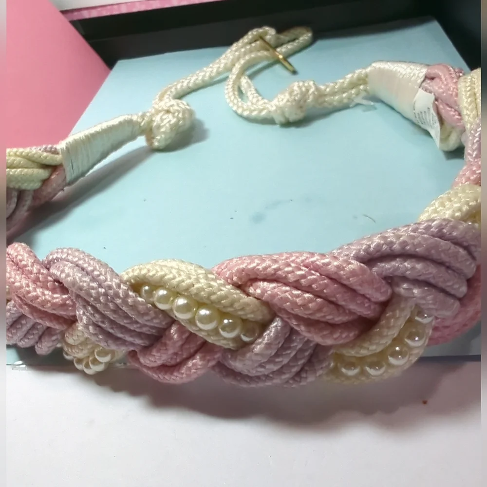 Vtg 80s Macramé Braided Belt Sz M/L Cream Lilac Pink Faux Pearls Romantic Boho